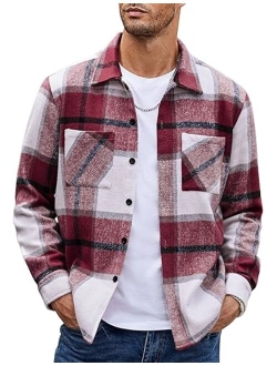 Men's Flannel Shirts Casual Button Down Plaid Shirt Jacket Long Sleeve Fleece Shacket with Pockets