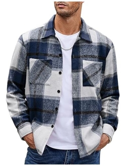 Men's Flannel Shirts Casual Button Down Plaid Shirt Jacket Long Sleeve Fleece Shacket with Pockets