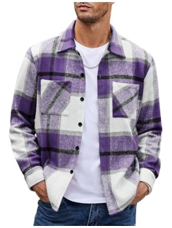 Men's Flannel Shirts Casual Button Down Plaid Shirt Jacket Long Sleeve Fleece Shacket with Pockets