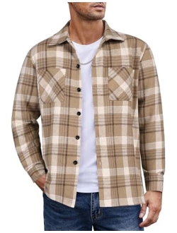 Men's Flannel Shirts Casual Button Down Plaid Shirt Jacket Long Sleeve Fleece Shacket with Pockets