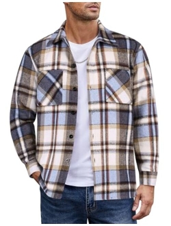 Men's Flannel Shirts Casual Button Down Plaid Shirt Jacket Long Sleeve Fleece Shacket with Pockets