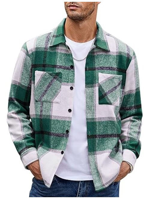 COOFANDY Men's Flannel Shirts Casual Button Down Plaid Shirt Jacket Long Sleeve Fleece Shacket with Pockets