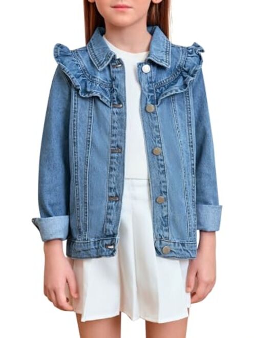 Haloumoning Girls Ruffle Jean Jackets Kids Button Denim Jacket Fashion Outerwear with Pockets