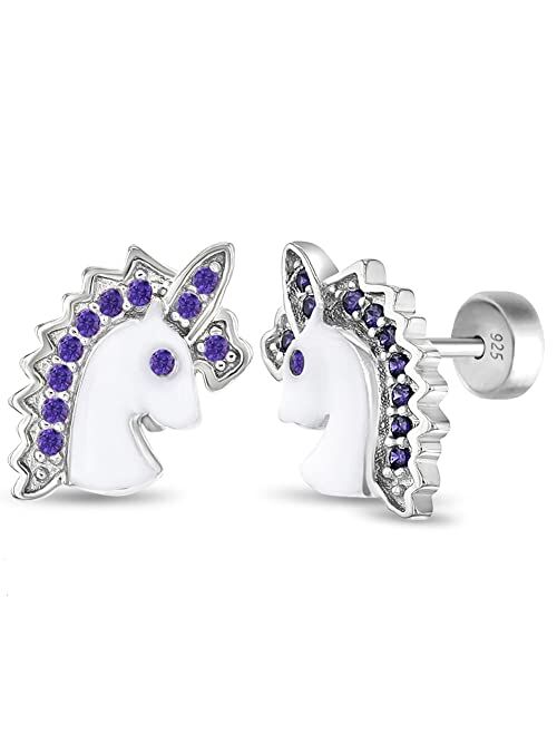 In Season Jewelry 925 Sterling Silver Enamel & Cubic Zirconia Unicorn Safety Push Back Earrings Stud for Toddlers, Little Girls - Beautiful Hand-Painted Enamel CZ Unicorn