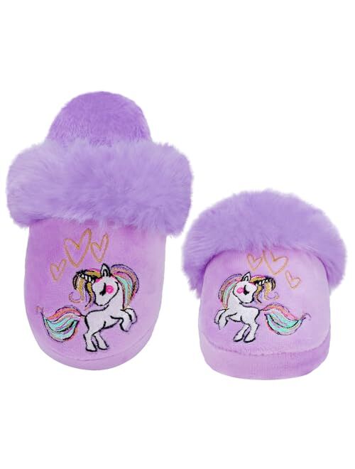 MEJORMEN Girls Fluffy House Slippers Faux Fur Slip-on House Shoes No-Slip Memory Foam Slippers Cozy Warm Plush Bedroom Slippers for Toddler Kid