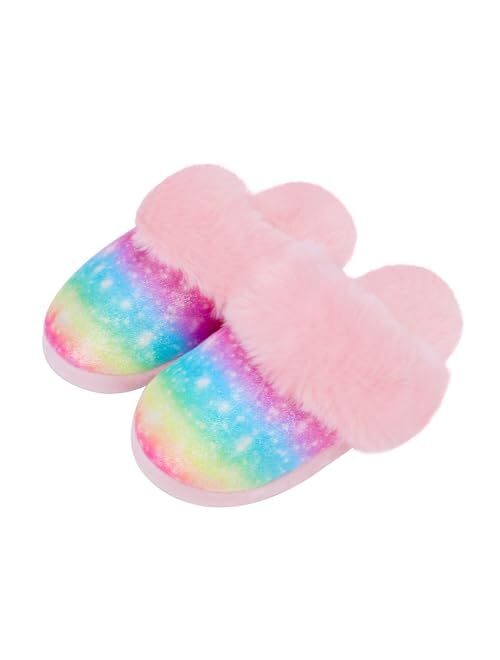 MEJORMEN Girls Fluffy House Slippers Faux Fur Slip-on House Shoes No-Slip Memory Foam Slippers Cozy Warm Plush Bedroom Slippers for Toddler Kid