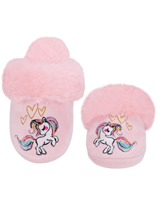 MEJORMEN Girls Fluffy House Slippers Faux Fur Slip-on House Shoes No-Slip Memory Foam Slippers Cozy Warm Plush Bedroom Slippers for Toddler Kid