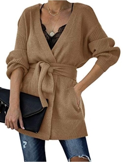 Auburet Womens Wrap Tie Waist Cardigan Sweater Lightweight Oversized Long Sleeve Open Front Knitted Coat with Pockets