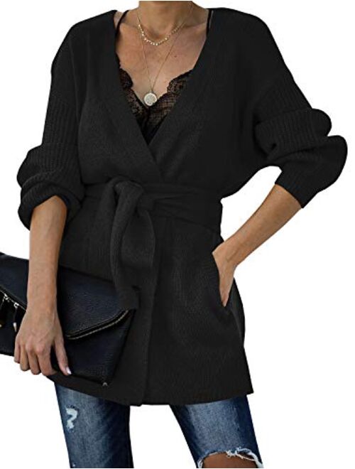 Auburet Womens Wrap Tie Waist Cardigan Sweater Lightweight Oversized Long Sleeve Open Front Knitted Coat with Pockets