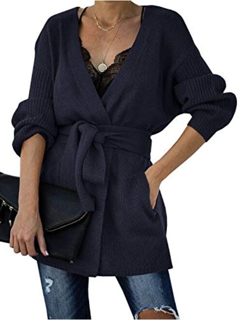 Auburet Womens Wrap Tie Waist Cardigan Sweater Lightweight Oversized Long Sleeve Open Front Knitted Coat with Pockets