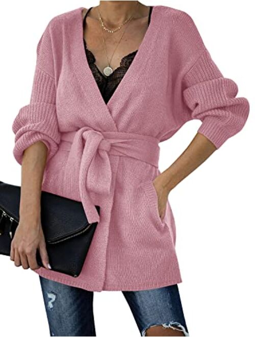 Auburet Womens Wrap Tie Waist Cardigan Sweater Lightweight Oversized Long Sleeve Open Front Knitted Coat with Pockets