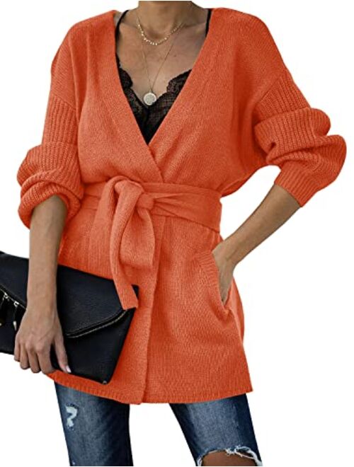 Auburet Womens Wrap Tie Waist Cardigan Sweater Lightweight Oversized Long Sleeve Open Front Knitted Coat with Pockets