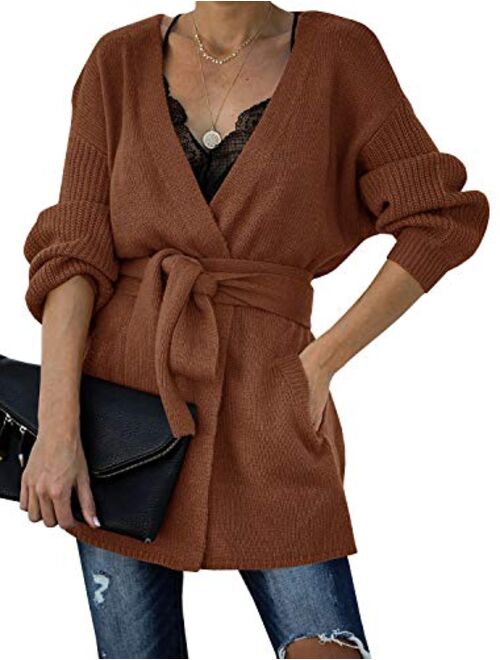 Auburet Womens Wrap Tie Waist Cardigan Sweater Lightweight Oversized Long Sleeve Open Front Knitted Coat with Pockets