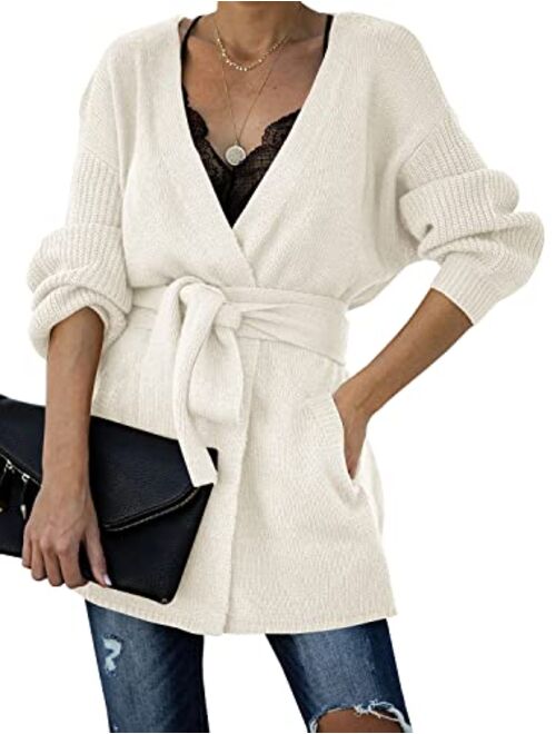 Auburet Womens Wrap Tie Waist Cardigan Sweater Lightweight Oversized Long Sleeve Open Front Knitted Coat with Pockets