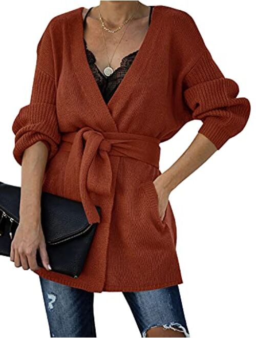 Auburet Womens Wrap Tie Waist Cardigan Sweater Lightweight Oversized Long Sleeve Open Front Knitted Coat with Pockets