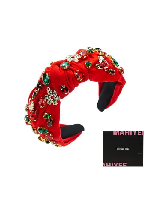 NININTHVEEN Christmas Headband for women Red Pearl Rhinestone Jeweled Xmas Headband Holiday Embellished Crystal Top Knot Headband Hair Accessories Holiday Outfits Gifts