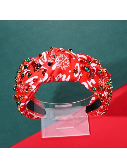 Yahpern Christmas Headband for Women Holiday Christmas Accessories Xmas Tree Snowflake Reindeer Candy Cane Knotted Headband Jeweled Crystal Pearl Wide Top Knot Headband F