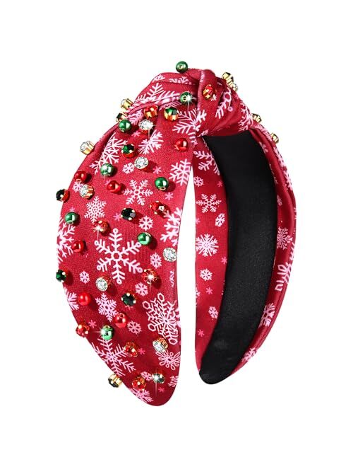 Yahpern Christmas Headband for Women Holiday Christmas Accessories Xmas Tree Snowflake Reindeer Candy Cane Knotted Headband Jeweled Crystal Pearl Wide Top Knot Headband F