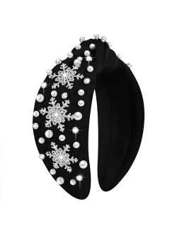 NVENF Christmas Headband for Women Jeweled Xmas Plaid Headband Embellished Crystal Pearl Knotted Headbands Wide Top Knot Holiday Headband Christmas Hair Accessories Holid