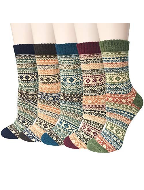 Loritta 5 Pairs Womens Wool Socks Thick Knit Vintage Winter Warm Cozy Crew Socks Gifts