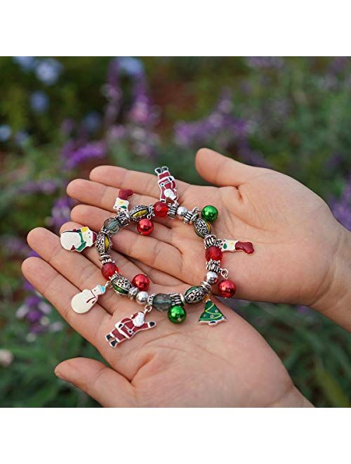 RareLove Cute Christmas Santa Claus Charm Beaded Bracelet Stretch Strand Elastic Xmas Tree Stcoking Snowman Bell Rings Red Green Beads Holiday For Women Girls