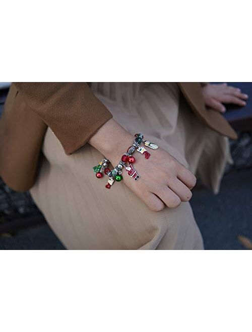 RareLove Cute Christmas Santa Claus Charm Beaded Bracelet Stretch Strand Elastic Xmas Tree Stcoking Snowman Bell Rings Red Green Beads Holiday For Women Girls