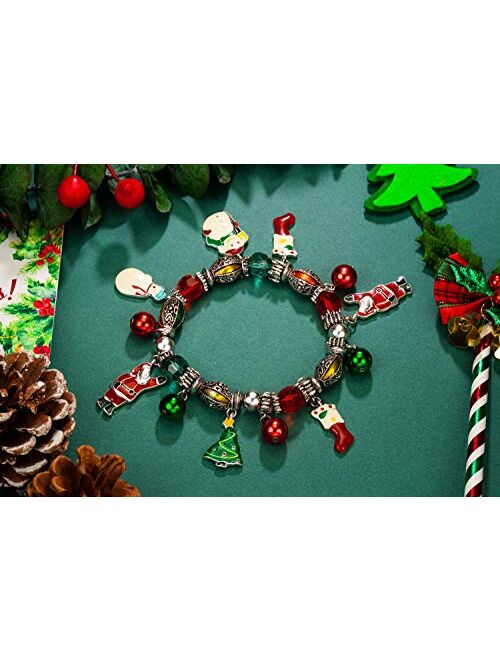 RareLove Cute Christmas Santa Claus Charm Beaded Bracelet Stretch Strand Elastic Xmas Tree Stcoking Snowman Bell Rings Red Green Beads Holiday For Women Girls