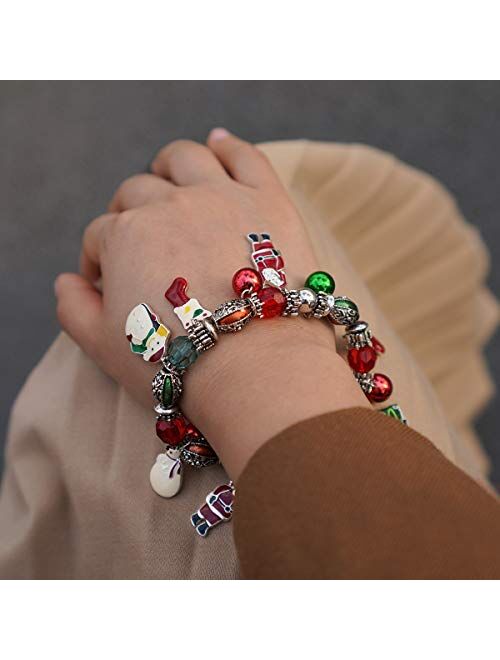 RareLove Cute Christmas Santa Claus Charm Beaded Bracelet Stretch Strand Elastic Xmas Tree Stcoking Snowman Bell Rings Red Green Beads Holiday For Women Girls