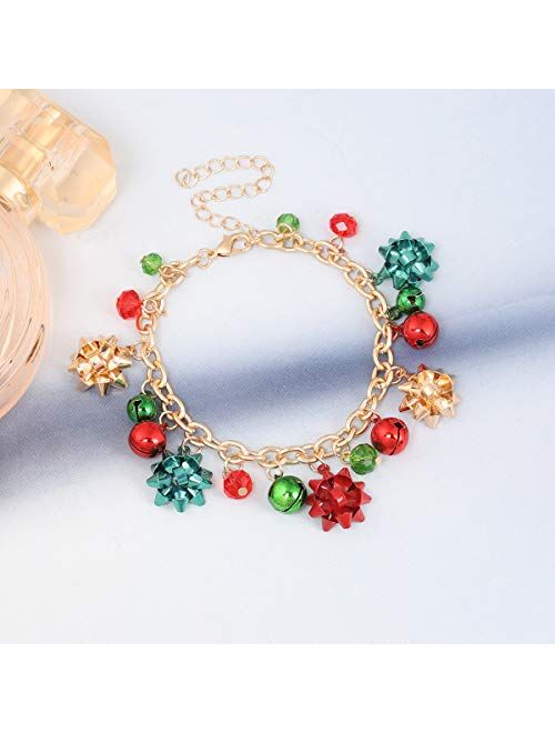 Daxi Christmas Jingle Bells Bracelet Christmas Link Charm Bracelet Bow Xmas Holiday Jewelry for Women Girls