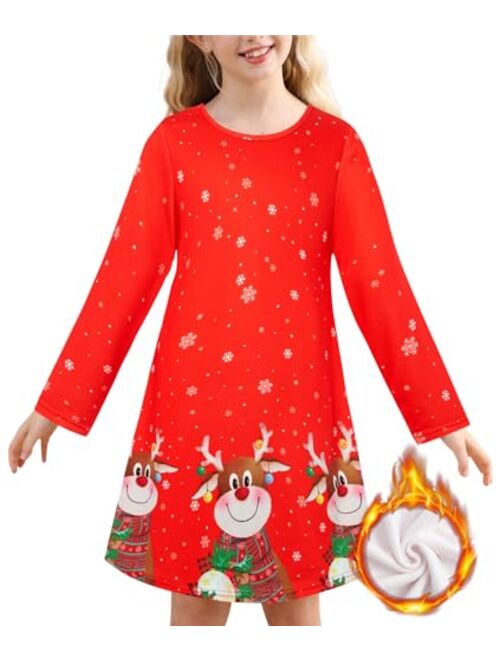 SunFocus Girls Christmas Dress Fleece Novelty Dresses Size 4-11 Long Sleeve Crewneck Warm Clothes