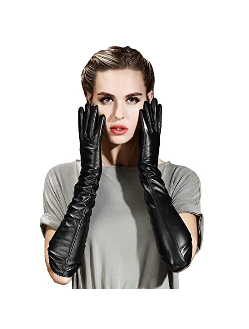 QECEPEI Womens Long Leather Gloves Winter Touchscreen Opera Evening Dress Driving Gloves