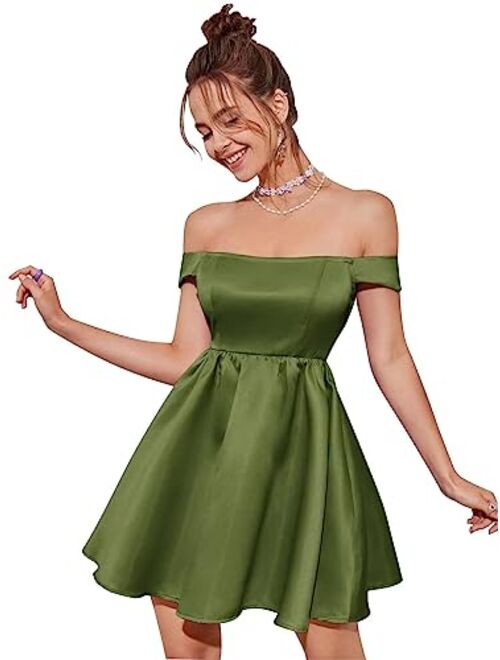 Cadoly Off Shoulder Satin Homecoming Dresses 2023 for Teens A Line HOCO Dress Short for Women Cocktail Party