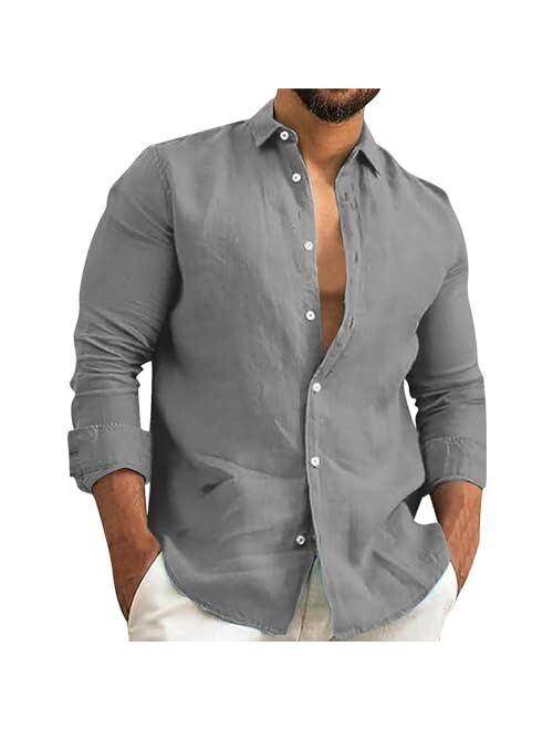 Generic Mens Linen Shirt Hippie Long Sleeve Button Up Shirts for Men Casual Spread Collar Cuban Guayabera Chambray Tshirt