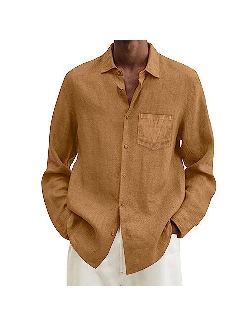 Generic Mens Linen Shirt Hippie Long Sleeve Button Up Shirts for Men Casual Spread Collar Cuban Guayabera Chambray Tshirt