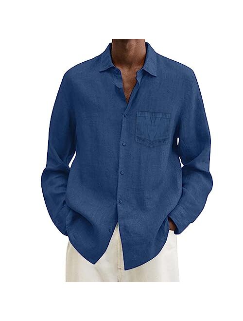 Generic Mens Linen Shirt Hippie Long Sleeve Button Up Shirts for Men Casual Spread Collar Cuban Guayabera Chambray Tshirt