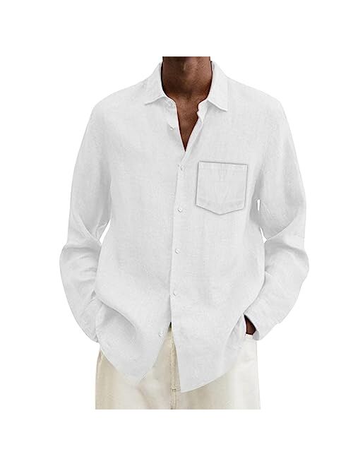 Generic Mens Linen Shirt Hippie Long Sleeve Button Up Shirts for Men Casual Spread Collar Cuban Guayabera Chambray Tshirt