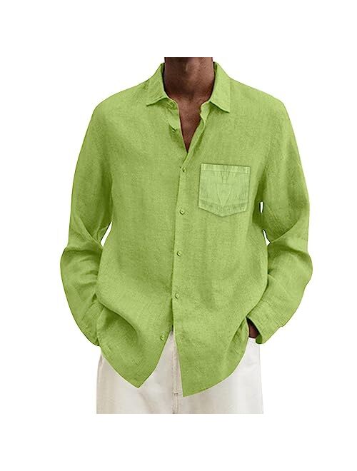 Generic Mens Linen Shirt Hippie Long Sleeve Button Up Shirts for Men Casual Spread Collar Cuban Guayabera Chambray Tshirt