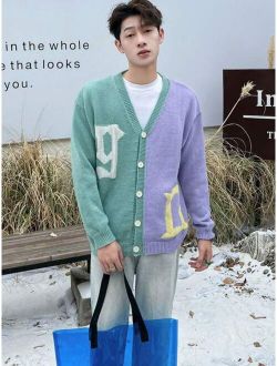 Shein Manfinity Sporsity Men Letter Pattern Colorblock Drop Shoulder Cardigan