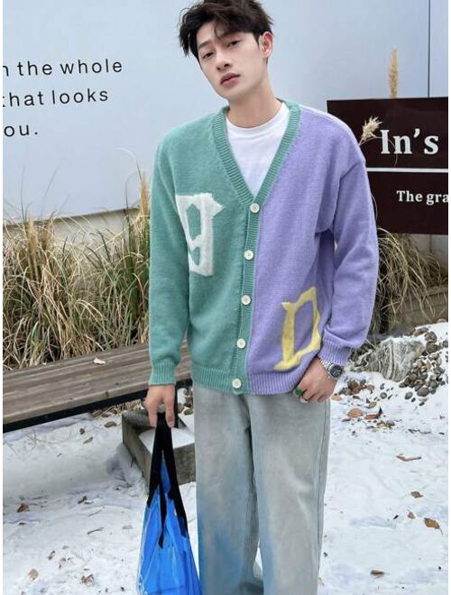 Shein Manfinity Sporsity Men Letter Pattern Colorblock Drop Shoulder Cardigan