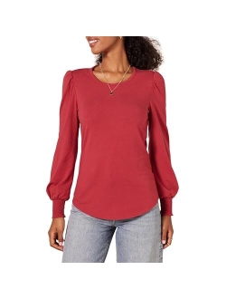 Women's Long-Sleeve Crewneck Smocked Cuff T-Shirt