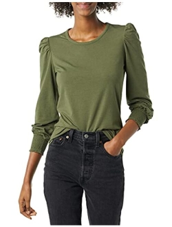 Women's Long-Sleeve Crewneck Smocked Cuff T-Shirt