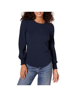 Women's Long-Sleeve Crewneck Smocked Cuff T-Shirt