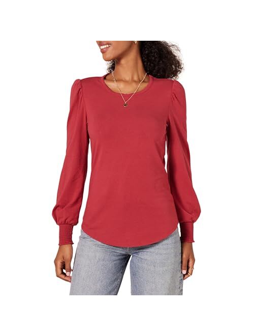 Amazon Essentials Women's Long-Sleeve Crewneck Smocked Cuff T-Shirt