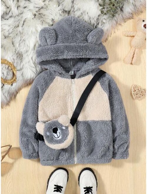 SHEIN Young Boy Two Tone Raglan Sleeve 3D Ear Design Hooded Teddy Jacket With Bag