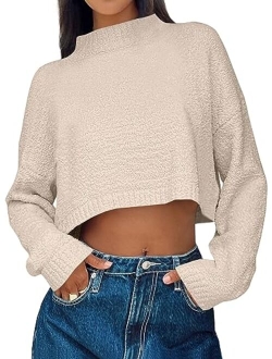 LILLUSORY Women's Cropped Sweaters 2023 Fall Winter Mock Neck Long Sleeve Fuzzy Knit Oversized Pullover Sweater Jumper Top