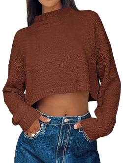 LILLUSORY Women's Cropped Sweaters 2023 Fall Winter Mock Neck Long Sleeve Fuzzy Knit Oversized Pullover Sweater Jumper Top