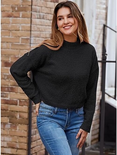 LILLUSORY Women's Cropped Sweaters 2023 Fall Winter Mock Neck Long Sleeve Fuzzy Knit Oversized Pullover Sweater Jumper Top