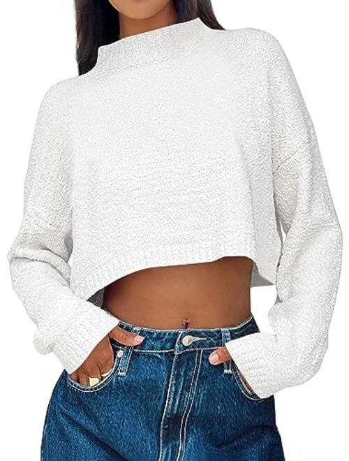 LILLUSORY Women's Cropped Sweaters 2023 Fall Winter Mock Neck Long Sleeve Fuzzy Knit Oversized Pullover Sweater Jumper Top