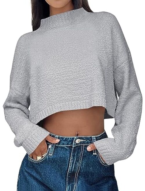 LILLUSORY Women's Cropped Sweaters 2023 Fall Winter Mock Neck Long Sleeve Fuzzy Knit Oversized Pullover Sweater Jumper Top