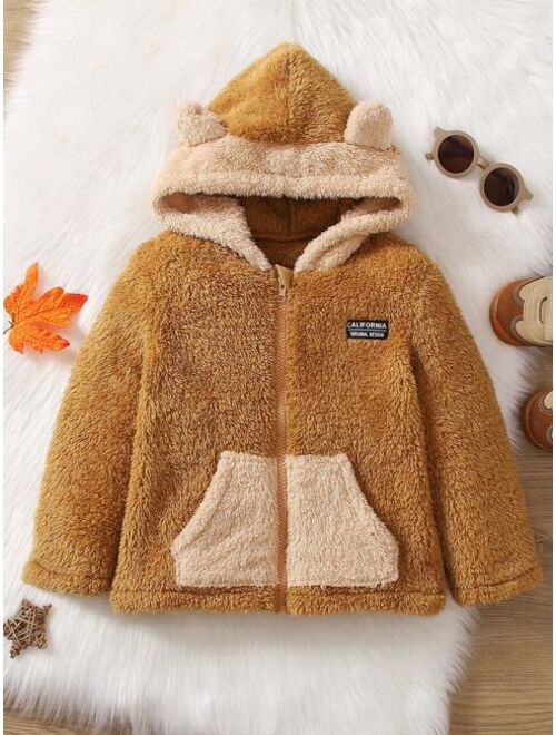 Shein Young Boy Letter Patched Kangaroo Pocket 3D Ear Design Hooded Teddy Jacket